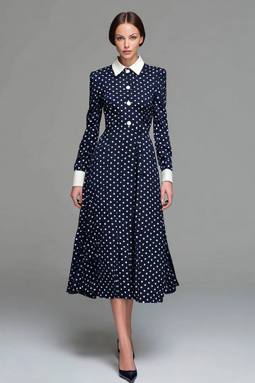 Marinblå Satin A-linje Långärmad Telängd Polka Dots Klänning